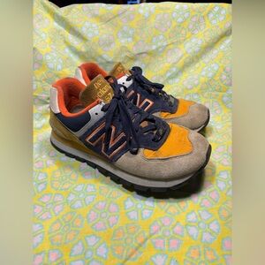 New Balance 574 Rugged Suede Mens 8, Wmns 9.5 Tan, Yellow,Orang and Navy